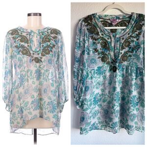 Calypso St Barth 100% Silk Semi Sheer Floral Embroidered Popover Blouse Small